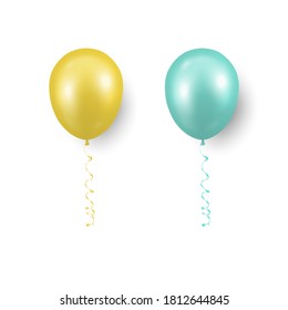 Vector 3d Realistic Yellow, Turquoise Balloon with Ribbon Set Closeup Isolated. Design Template of Translucent Helium Baloons, Mockup, Anniversary, Birthday Party, Boy, Girl, Baby Shower Concept