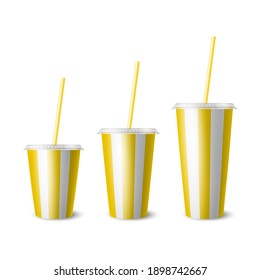 Vektor 3d realistisch gelbes, weißes gestrichenes Papier Einzel-Cup mit Lid, Strohsatz. Getränke, Getränke, Kaffee, Limonade, Tee, Cocktail, Milchshake. Design-Vorlage für die Verpackung, Mock-up. Vorderansicht