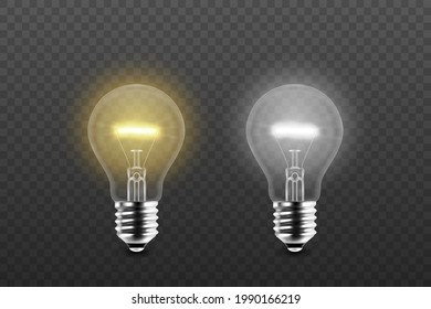 Vector 3d Realistic Yellow and White Glowing, Turned Off Electric Light Bulb Icon Set Isolated on Transparent Background. Design Template. Inspiration, Idea concept. Front View