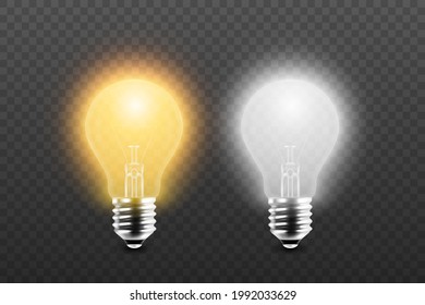Vector 3d Realistic Yellow and White Glowing, Turned Off Electric Light Bulb Icon Set Isolated on Transparent Background. Design Template. Inspiration, Idea concept. Front View