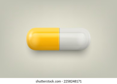 Vector 3d Realistic Yellow and White Pharmaceutical Medical Pill, Capsule, Tablet on White Background. Front View. Copy Space. Medicine, Health Concept