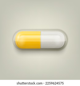 Vector 3d Realistic Yellow and White Pharmaceutical Medical Pill, Capsule, Tablet on White Background. Front View. Copy Space. Medicine, Health Concept