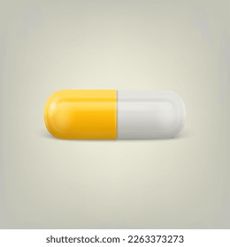 Vector 3d Realistic Yellow and White Pharmaceutical Medical Pill, Capsule, Tablet on White Background. Front View. Copy Space. Medicine, Health Concept