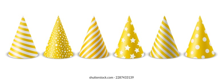 Vector 3d Realistic Yellow and White Birthday Party Hat Icon Set Isolated on White Background. Party Cap Design Template for Party Banner, Greeting Card. Holiday Hats, Cone Shape, Front View