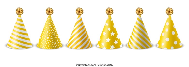 Vector 3d Realistic Yellow and White Birthday Party Hat Icon Set Isolated on White Background. Party Cap Design Template for Party Banner, Greeting Card. Holiday Hats, Cone Shape, Front View