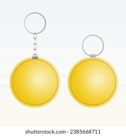 Vector 3d Realistic yellow White Round Keychain with Ring and Chain for Key Isolated on White.