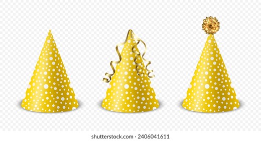 Vector 3d Realistic Yellow and White Birthday Party Hat Icon Set Isolated on White Background. Party Cap Design Template for Party Banner, Greeting Card. Holiday Hats, Cone Shape, Front View