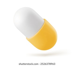 Vetor 3d realístico amarelo e branco pílula médica farmacêutica, cápsula, tablet sobre fundo branco. Medicina, conceito de saúde