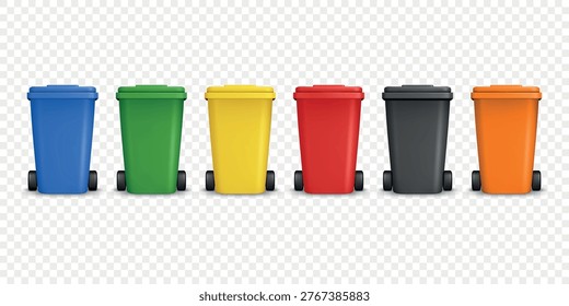 Vector 3d Recycling Bins Set. Glass Organic Paper E-Waste Metal Plastic. Color Wheelie Bin Set. Realistic 3d Garbage Containers for Recycling and Sustainability, Isolated