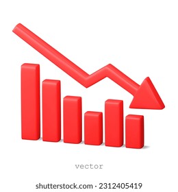 Vector 3d red arrow going down stock icon. Bankruptcy, financial market crash icon. Graph chart downtrend symbol. chart going down sign. Realistic 3d Vector illustration isolated on. 3D Illustration