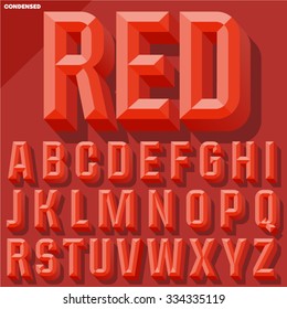 Vector 3D Red Condense Beveled Alphabet With Shadow. Simple Colored Version. 