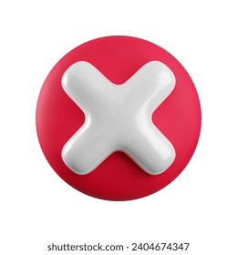 Vector 3d red cross x realistic icon. Trendy plastic wrong red check mark, delete sign on white background. No vote button. 3d render not approved symbol, error, failed sign for web, app, design