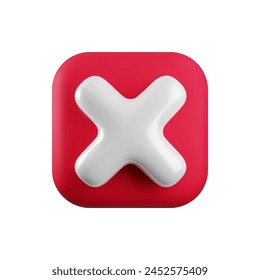 Vector 3d red cross x realistic icon. Trendy square plastic wrong red check mark, delete sign on white background. No vote button. 3d render not approved symbol, error, failed sign for app, web design