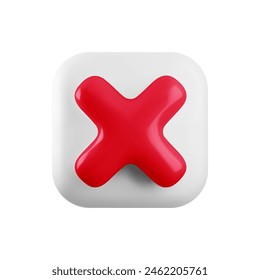 Vector 3d red cross x realistic icon. Trendy plastic wrong red check mark, delete sign on white background. No vote square button. 3d render not approved symbol, error, failed sign for web, app