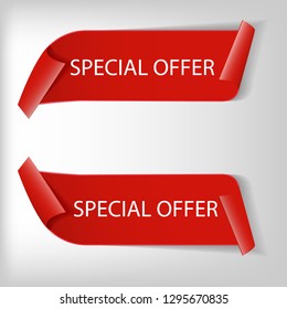 Vector 3d Red Curved Paper Banner Isolated on White Background. Easy Paste to Any Background. Special offer banner