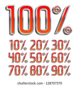 vector 3d red font with metal outline Percents templates for sale 100%, 90%, 80%, 70%, 60%,  50%, 40%, 30%, 20%, 10%