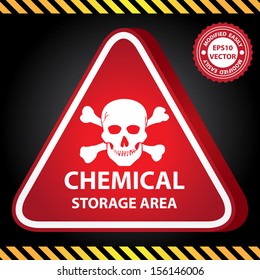 Vector : 3D Red Glossy Style Triangle Caution Plate For Safety Present By Chemical Storage Area With Skull Sign in Dark Background