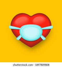 vector 3d red heart with blue mouth protection face mask isolated on orange background. Valentines day red heart sticker with medical mask design element