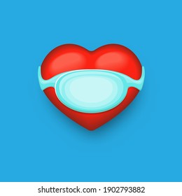 vector 3d corazón rojo con máscara facial de protección bucal azul aislado en fondo azul. Etiqueta del corazón rojo del día de San Valentín con elemento de diseño de máscara médica