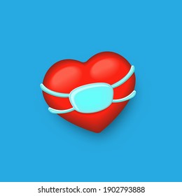 vector 3d red heart with blue mouth protection face mask isolated on blue background. Valentines day red heart sticker with medical mask design element