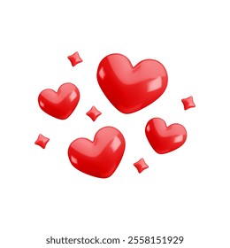 Vector 3d red hearts with sparkles composition on white background. Cute realistic cartoon 3d love concept, red shining heart render illustration for Valentines day greeting, Mothers Day, nursery, app
