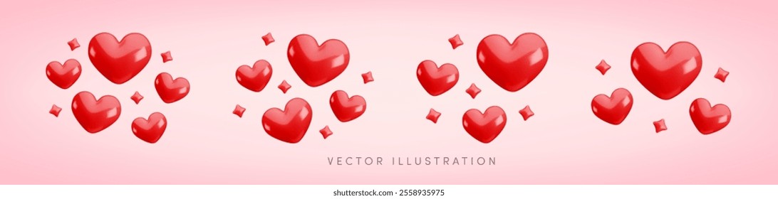 Vector 3d red hearts with sparkles composition set on pink background. Cute realistic cartoon 3d love concept, red shining heart render illustration for Valentines day greeting, Mothers Day, decor.