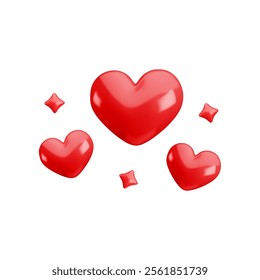Vector 3d red hearts with sparkles composition on white background. Cute realistic cartoon 3d love concept, shining heart render illustration for Valentines day greeting, Mothers Day, sticker, nursery