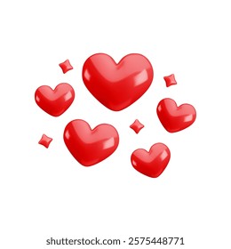 Vector 3d red hearts with sparkles composition on white background. Cute realistic cartoon 3d love concept, red heart balloons render illustration for Valentines day greeting, Mothers Day, nursery