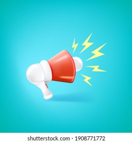 Vector 3d red megaphone icon isolated on turquoise background. Cartoon loudspeaker or hand speaker label or sign