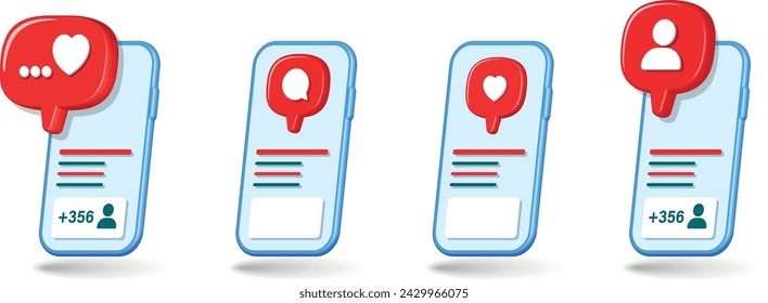 Vector of 3D red mobile phone and social media icons