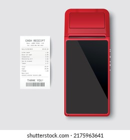 Vector 3d Red NFC Payment Machine and Paper Check, Receipt Isolated. Wi-fi, Wireless Payment. POS Terminal, Machine Design Template of Bank Payment Contactless Terminal, Mockup. Top VIew