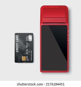 Vector 3d Red NFC Payment Machine and Credit Payment Card Isolated. Wi-fi, Wireless Payment. POS Terminal, Machine Design Template of Bank Payment Contactless Terminal, Mockup. Top VIew