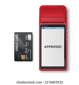 Vector 3d Red NFC Payment Machine and Credit Payment Card Isolated. Wi-fi, Wireless Payment. POS Terminal, Machine Design Template of Bank Payment Contactless Terminal, Mockup. Top VIew