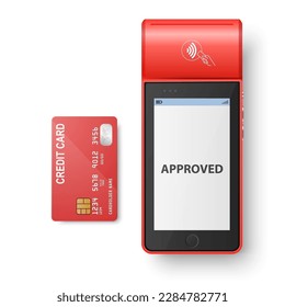 Máquina de pago Vector 3d Red NFC con estado aprobado y tarjeta de crédito roja. Wi-Fi, pago móvil. Terminal POS, plantilla de diseño de máquina de terminal sin contacto de pago bancario, Mockup. Vista superior