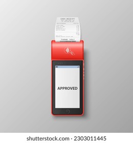 Vector 3d Red NFC Payment Machine with Approved Status and Paper Receipt, Bill. Wi-fi, Wireless Payment. POS Terminal, Machine Design Template of Bank Payment Contactless Terminal, Mockup. Top View