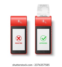 Vector 3d Red NFC Payment Machine with Rejected and Approved Status, Paper Cash Receipt, Bill. Payment POS Terminal, Machine Design Template of Bank Payment Contactless Terminal, Mockup. Top View