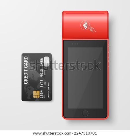Vector 3d Red NFC Payment Machine and Credit Card Isolated. Wi-fi, Wireless Payment. POS Terminal, Machine Design Template of Bank Payment Contactless Terminal, Mockup. Top VIew