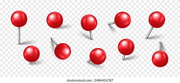 Vector 3D red pin with shadow isolated on transparent background. Set of realistic plastic round thumbtack in different angles.