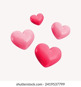 Vector 3d red and pink hearts abstract concept. Cute realistic glossy heart composition on soft pink background. Minimal 3d render love heart illustration for Valentines day, Mothers Day, decoration.