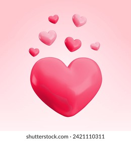 Vector 3d red and pink hearts abstract concept. Cute realistic glossy heart composition on soft pink background. Minimal 3d render love heart illustration for Valentines day, Mothers Day, wedding.