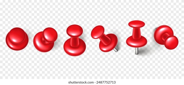 Vector 3D red push pin with shadow isolated on transparent background. Set of realistic plastic thumbtack in different angles.