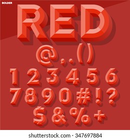 Vector 3D red set of simple bold beveled numbers and symbols with shadow. Simple colored version.