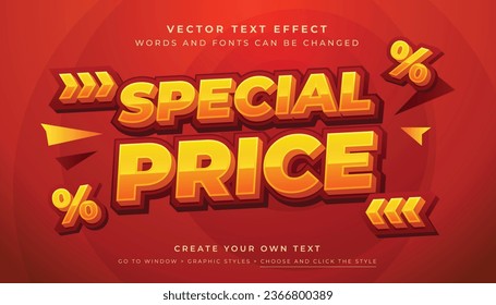 Efecto de texto amarillo rojo vector 3D. Estilo gráfico de precio especial de promoción sobre fondo abstracto