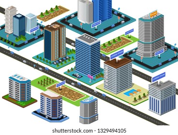 Vector 3d relistic city in isometric style. Buildings, streets, cars, roads. Isometric architecture planning.