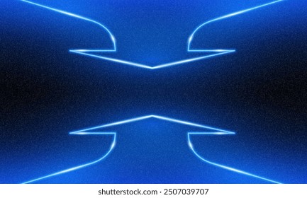 Vector 3D render, flechas que brillan en la oscuridad, luz de neón azul rosa, iluminar el diseño del marco. Abstractas telón de fondo de color vibrante cósmico. Luz de neón brillante. Marco de neón con signo de flechas. Estilo granulado