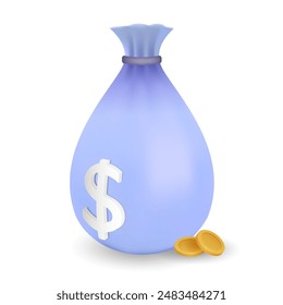 Vector 3d render of a bag with money and gold coins isolated from the background. Realistic illustration of treasure in a blue bag. Deposit and budget.