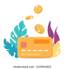 Vector 3D render Credit bank card icon design illustration. Payment and online shopping and digital marketing concept. Credit card with tropical flowers and flying gold dollar coins.