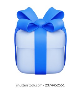 Vector 3d Render Gift Box. Closed Present Box With Blue Ribbon and Bow. For Surprise, Birthday Party, Baby Shower. Vector Illustration In Plasticine Cartoon Style. Isolated on white