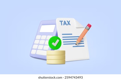 Vector 3D render icon of calculator, tax document, pen and stacked coins with green check symbol. Concept of correct tax calculation and efficient tax management. For accounting, tax and finance use.