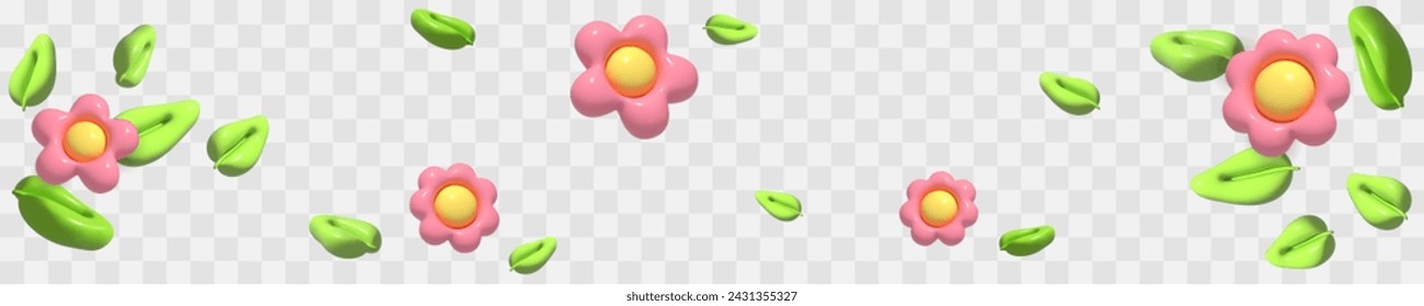 Vector 3d render leaves and flowers, isolated on transparent background. Plants banner. Nature, herbal, organic, eco, bio. Vector illustration for postcard, icons, poster, banner, web, design, arts